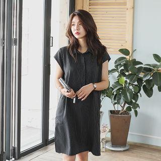 Cap-sleeve Half-placket Striped Shift Dress