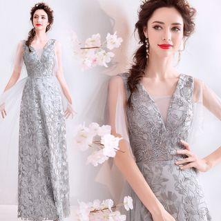 Embroidered Open Back A-line Evening Gown