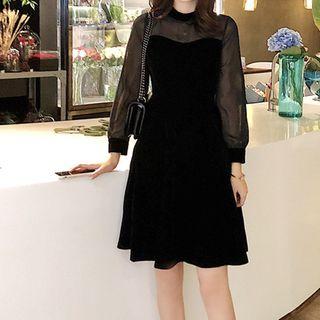 Mesh Panel Chiffon Long-sleeve A-line Dress