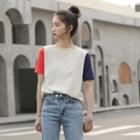 Short-sleeve Color Block Knit Top Beige & Red & Navy Blue - One Size