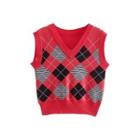 Sleeveless Argyle Knit Top Red - One Size