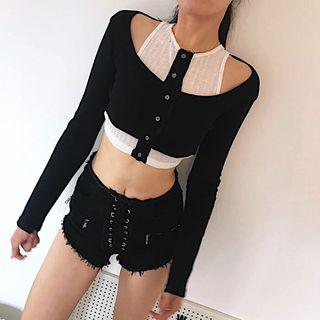 Mock Two-piece Long-sleeve Crop Top