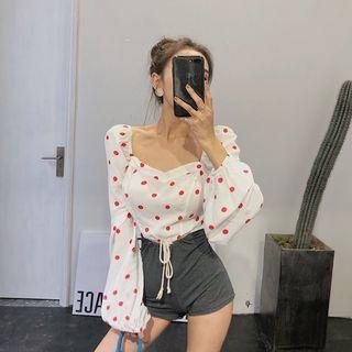 Off-shoulder Puff-sleeve Dot Top