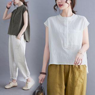 Cap-sleeve Mandarin Collar Shirt