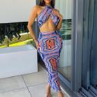 Set: Line Print Cut-out Halter Crop Top + Midi A-line Skirt