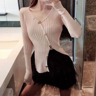 Set: V-neck Knit Jacket + Fringe Trim Mini Skirt