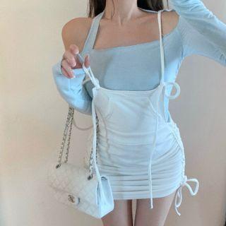 Long-sleeve Cold-shoulder T-shirt / Drawstring Mini Overall Dress