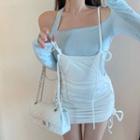 Long-sleeve Cold-shoulder T-shirt / Drawstring Mini Overall Dress