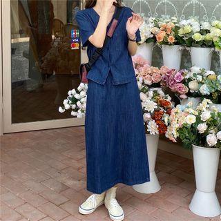 Pocket Detail V-neck Denim Top/ High Waist Long Denim Skirt