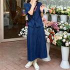 Pocket Detail V-neck Denim Top/ High Waist Long Denim Skirt