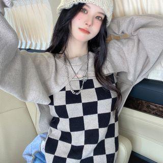Set: Knit Top + Two-tone Knit Camisole Top Khaki&black&white - One Size