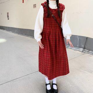 Plaid Midi A-line Overall Dress / Turtleneck Sweater
