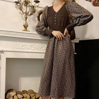 Knit Panel Floral Print Long-sleeve Midi A-line Dress