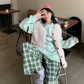 Single Breasted Shearling Coat / Printed Letter Hooded Sweatshirt / Plaid Pants
