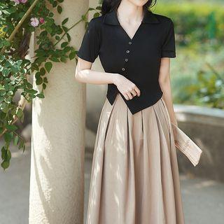 Set: Short-sleeve Asymmetrical Polo Shirt + Midi A-line Skirt