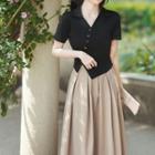 Set: Short-sleeve Asymmetrical Polo Shirt + Midi A-line Skirt