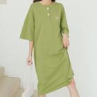 Elbow-sleeve Henley T-shirt Dress Avocado Green - One Size