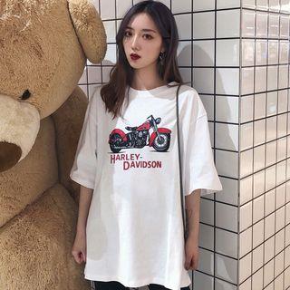Elbow-sleeve Motorcycle Print T-shirt