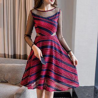 3/4-sleeve Patterned Sheer Panel A-line Dress