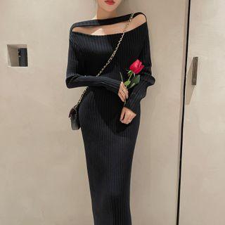 Long-sleeve Off-shoulder Cutout Knit Midi Sheath Dress Black - One Size