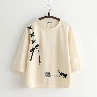 Cat Print Striped 3/4 Sleeve T-shirt