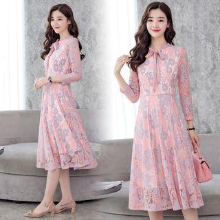 Long-sleeved Tie-waist A-line Panel Lace Bow Dress