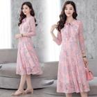 Long-sleeved Tie-waist A-line Panel Lace Bow Dress
