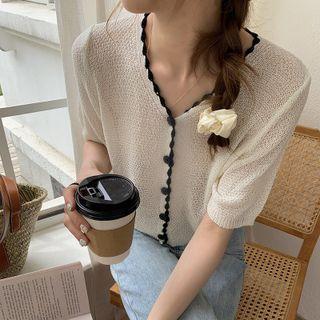Short-sleeve Contrast Trim Cropped Cardigan 6675 - White - One Size