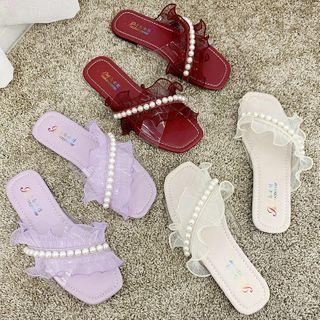 Faux Pearl Ruffle Slide Sandals