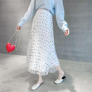 Polka Dot Mesh Overlay Pleated Midi Skirt