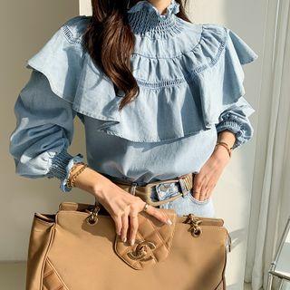 Smocked Ruffled Denim Blouse Light Blue - One Size