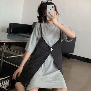 Set: Elbow-sleeve T-shirt Dress + Spaghetti Strap Dress