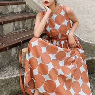 Dotted Sleeve-less Maxi Dress Coffee - One Size