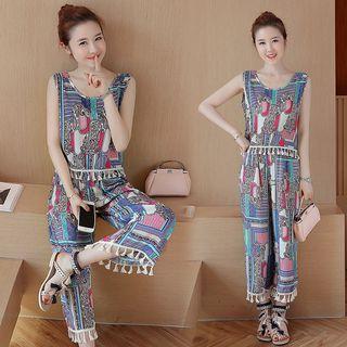 Set: Tassel Trim Printed Sleeveless Top + Wide Leg Pants