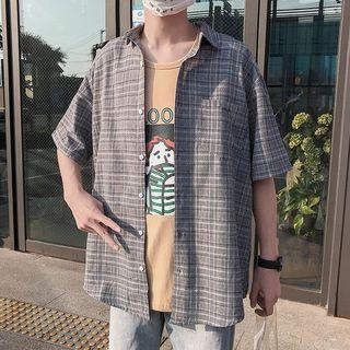 Short Sleeve Lettering Plaid Shirt