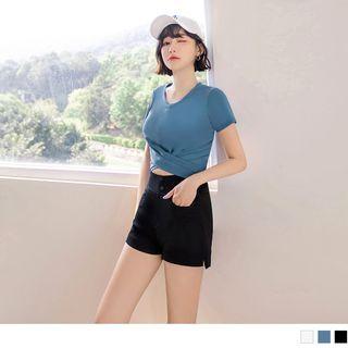 Short Sleeve Plain Knotted Crop T-shirt