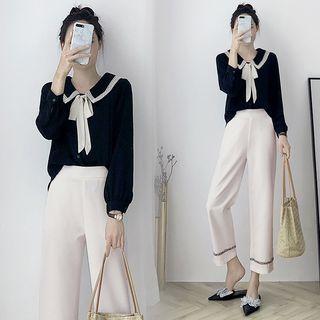 Tie-neck Blouse / Fringed Cropped Wide Leg Pants