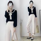 Tie-neck Blouse / Fringed Cropped Wide Leg Pants