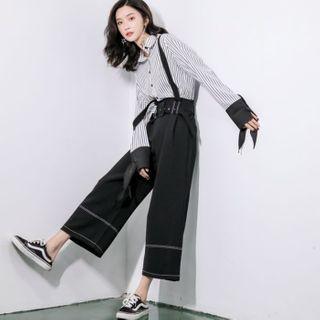 Color-block Striped Long-sleeve Shirt / Strap Cropped Pants