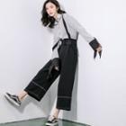 Color-block Striped Long-sleeve Shirt / Strap Cropped Pants