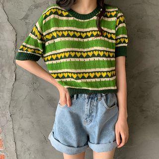 Heart Print Short-sleeve Pointelle Knit Top Green - One Size