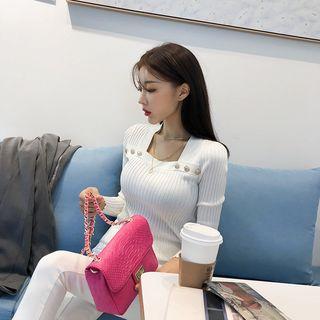 Buttoned Square-neck Rib Knit Top