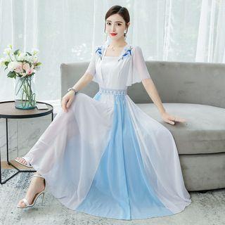 Short-sleeve Color Block Maxi Hanfu Dress