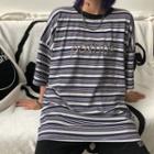 Elbow-sleeve Lettering Embroidered Striped T-shirt Striped - Black & White - One Size