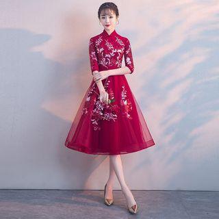 Elbow-sleeve Embroidered A-line Midi Prom Dress