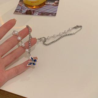 Faux Pearl Butterfly Charm Chain Necklace Dark Blue Butterfly - Silver - One Size
