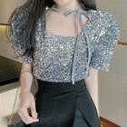 Short-sleeve Square-neck Sequined Blouse Silver - One Size
