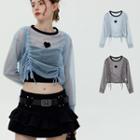 Long-sleeve Drawstring Mesh Top