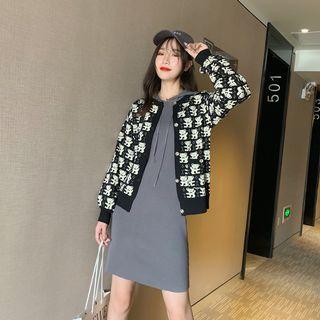 Bear Print Cardigan / Hooded Mini Knit Dress