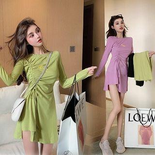 Moon Print Drawstring Long-sleeve Mini T-shirt Dress